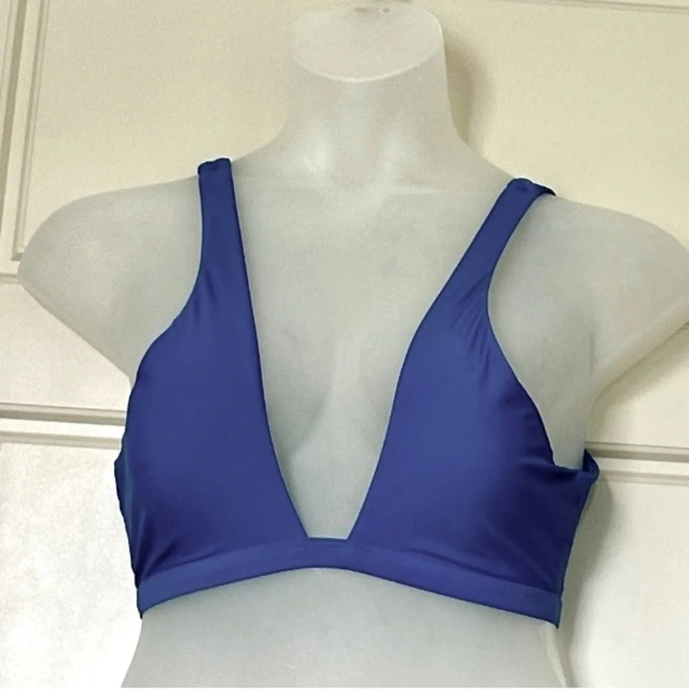 SHEIN plunging blue bikini top fixed straps hook back closure cobalt blue size S